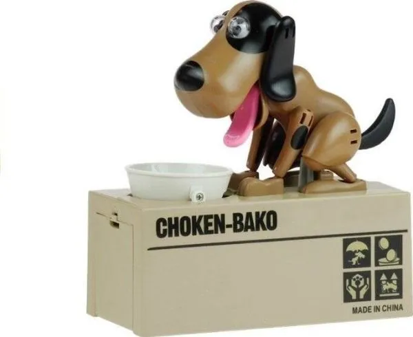 LeanToys sparegris Hund som spiser mynter mørk brun med blå detaljer