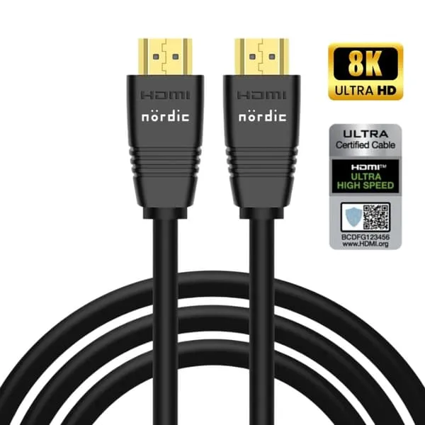 NÖRDIC CERTIFIED CABLES 3m Ultra High Speed ​​​​HDMI2.1 8K 60Hz 4K 120Hz 144Hz 48Gbps Dynamic HDR eARC Game Mode VRR Dolby ATMOS gullbelagt PVC svart