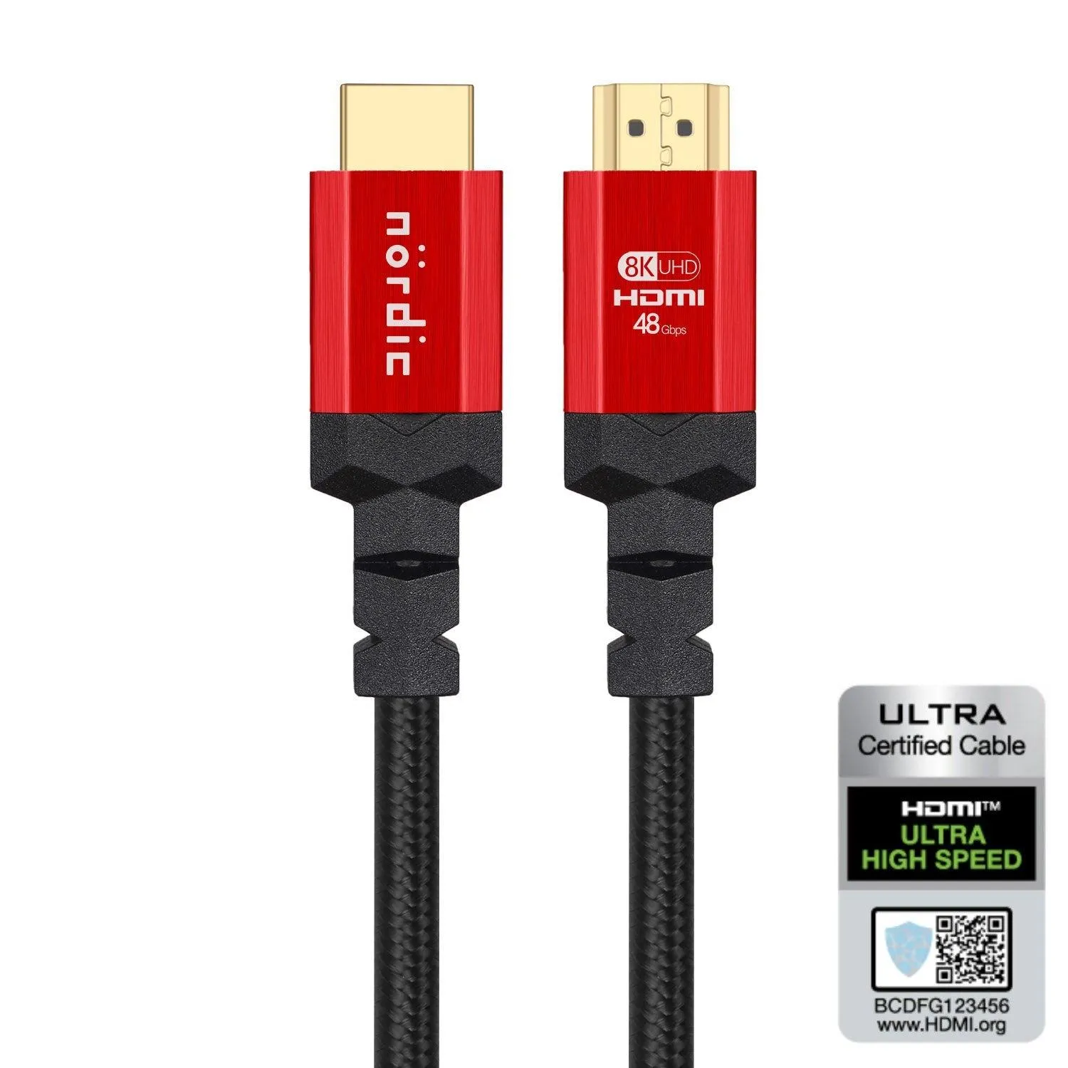 NÖRDIC CERTIFIED CABLE 50cm Ultra High Speed HDMI 8K 60Hz 4K 120Hz 48Gbps Dynamisk HDR Earc VRR NylonFlettet Kabel Forgylt Kontakt informasjon HDMI2.1