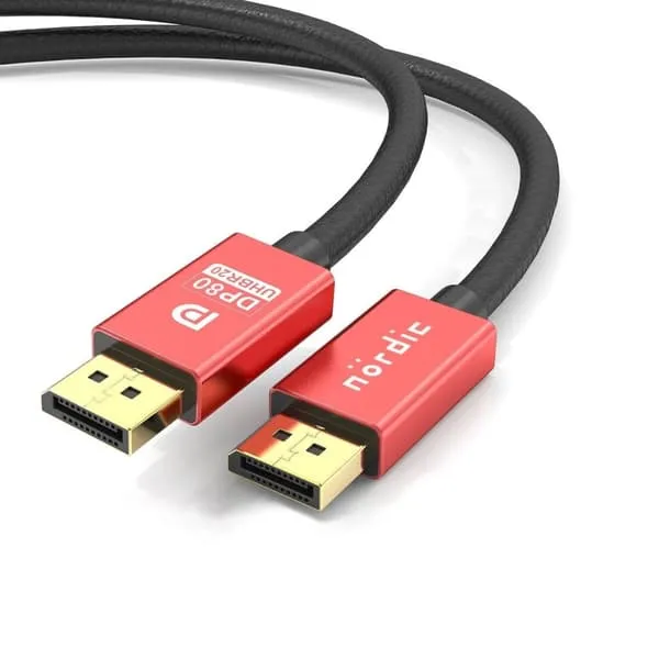 NÖRDIC 2m nylonflettet Displayport 2.1 kabel DP80 UHBR20 80Gbps 16/10/8K60H 4K165/144Hz DSC1.2a HDR HDCP2.2 FreeSync G-Sync