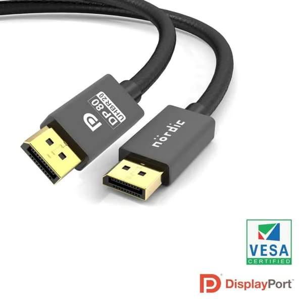 NÖRDIC VESA CERTIFIED 2m nylonflettet Displayport 2.1 kabel DP80 UHBR20 80Gbps 16/10/8K60H 4K240/165/144Hz DSC1.2a HDR HDCP2.2 FreeSync G-Sync