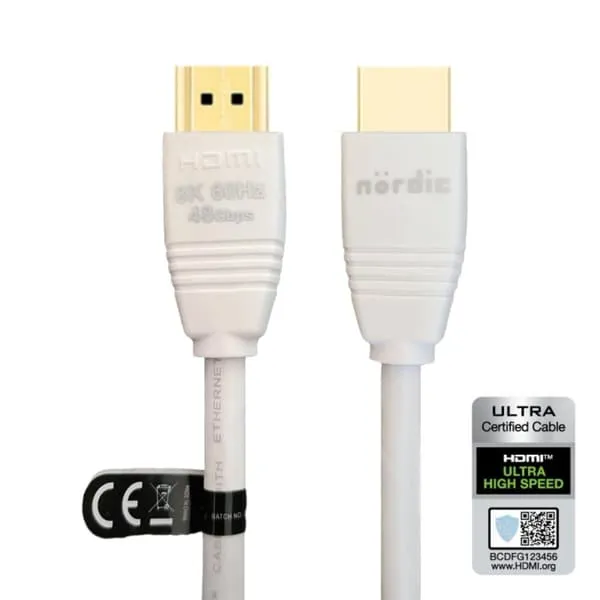 NÖRDIC CERTIFIED CABLES 1m Ultra High Speed ​​​​HDMI2.1 8K 60Hz 4K 120Hz 144Hz 48Gbps Dynamic HDR eARC Game Mode VRR Dolby ATMOS gullbelagt PVC hvit