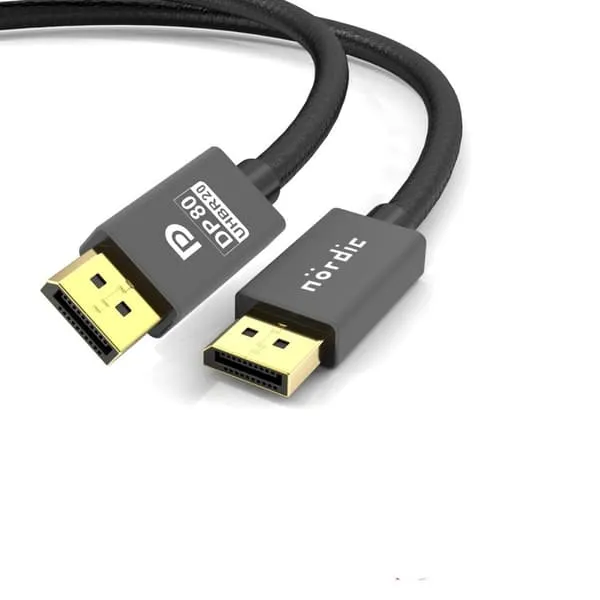 NÖRDIC 3m nylonflettet Displayport 2.1 kabel DP80 UHBR20 80Gbps 16/10/8K60H 4K165/144Hz DSC1.2a HDR HDCP2.2 FreeSync G-Sync