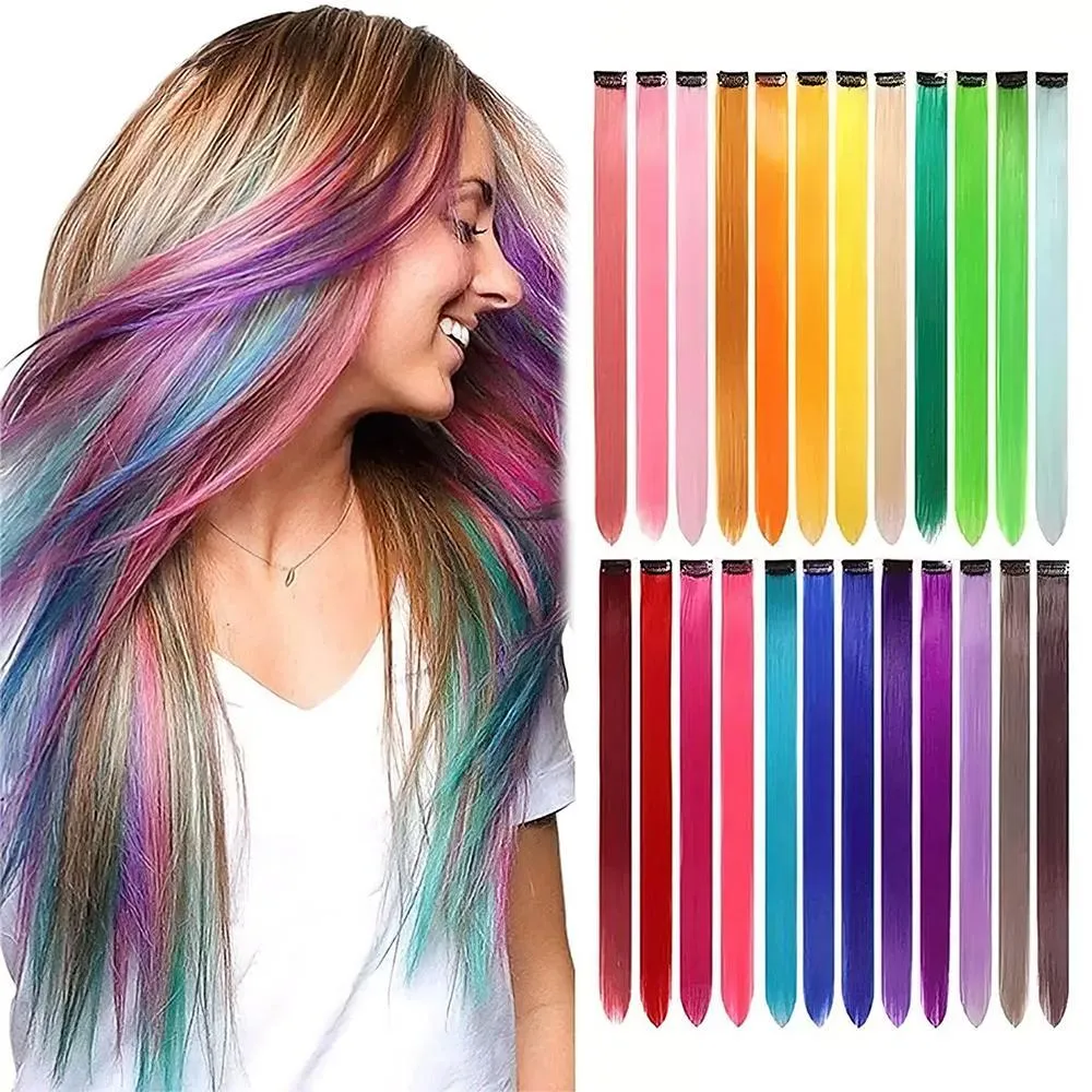4-Pak - Clip-on Påfargede Hair Extensions / Slingor - 56 cm - #16 Ljusblå