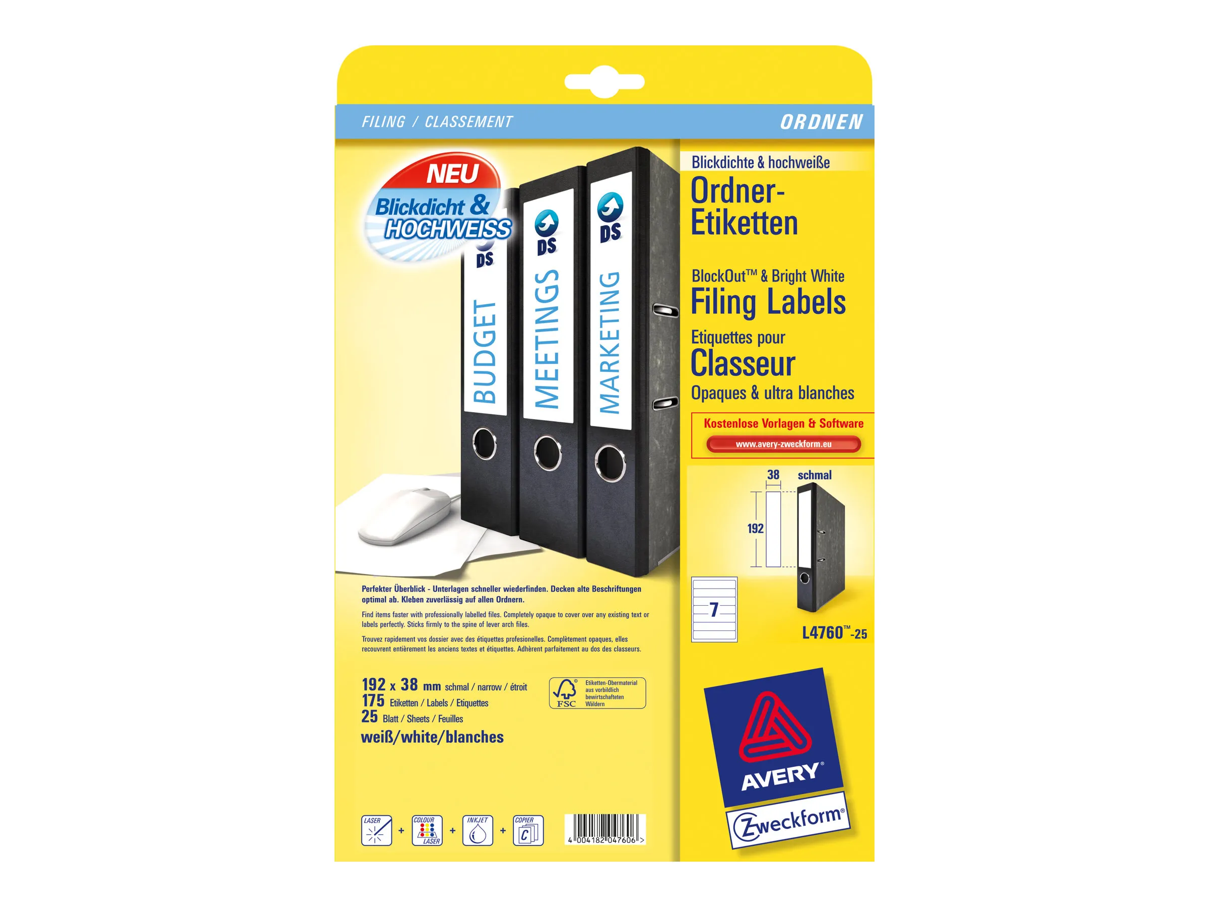 Avery File Folder Labels - Hvit - 192 x 38 mm 175 etikett(er) (25 ark x 7) filmappeetiketter