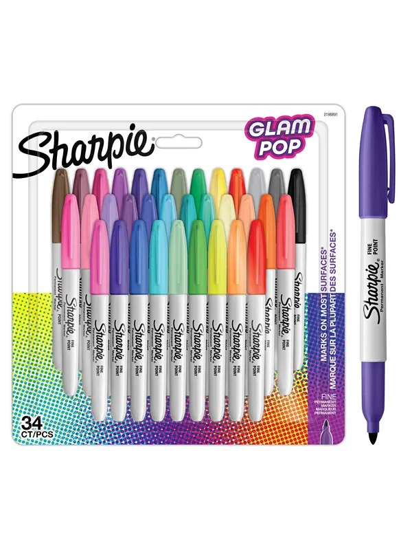 Sharpie Glam Pop Permanente Markører | Fin spids for fede detaljer | Assorterte livlige farger | 34 markeringspenne