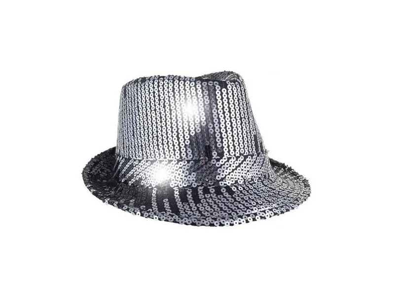 Fedora hat med pailletter, sølv og sort