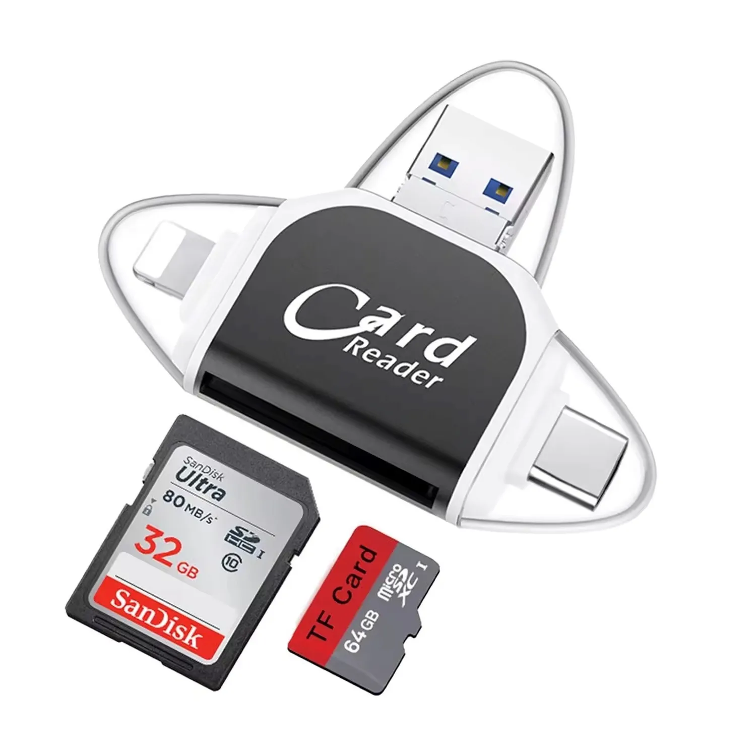 Multiport 4-i-1 kortleser, USB C SD TF minnekortleser