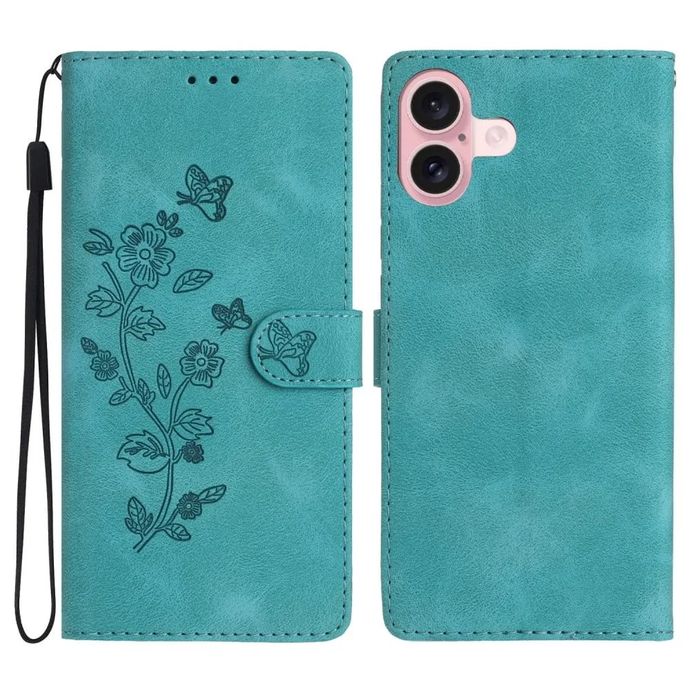 iPhone 16-etui med blomstertrykk i skinnlommebok med kortholder - Himmelblå