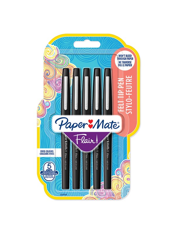 Paper Mate Flair Felt Tip Pens | Medium Point (0.7mm) | Black | 5 Count
