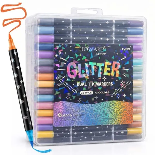 36 stk Dobbelsidige Glitter Malepenn 72 Farger Akryl