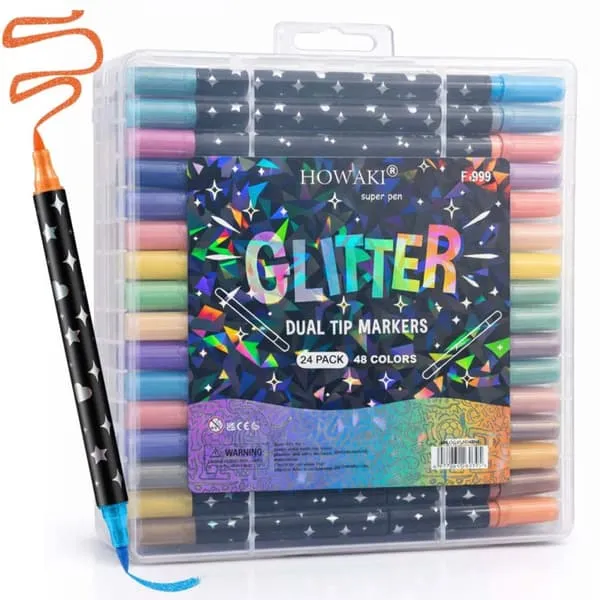 24 stk Dual Tip Glitter Malepenn 48 Farger Akryl