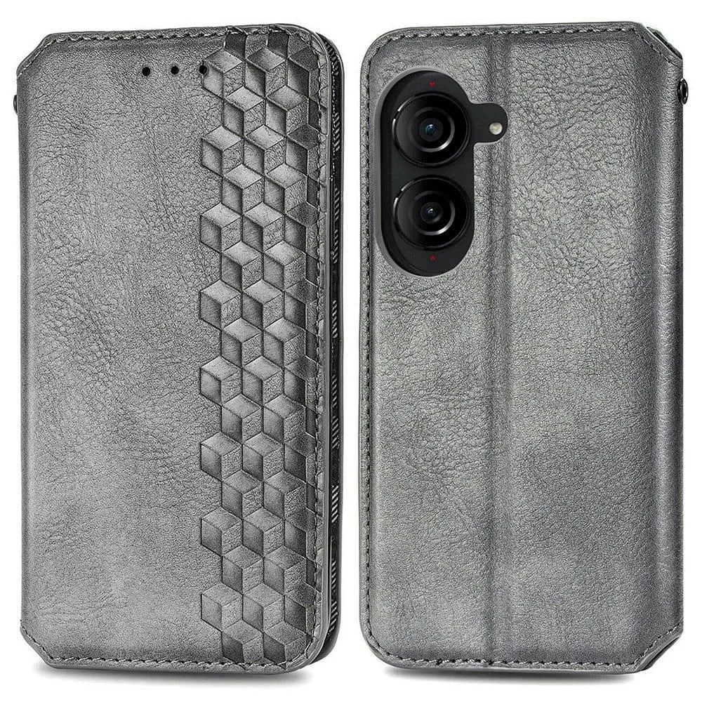 Skinn-etui med stilfult rombeavtrykk for Asus Zenfone 10 - Sølv/Grå
