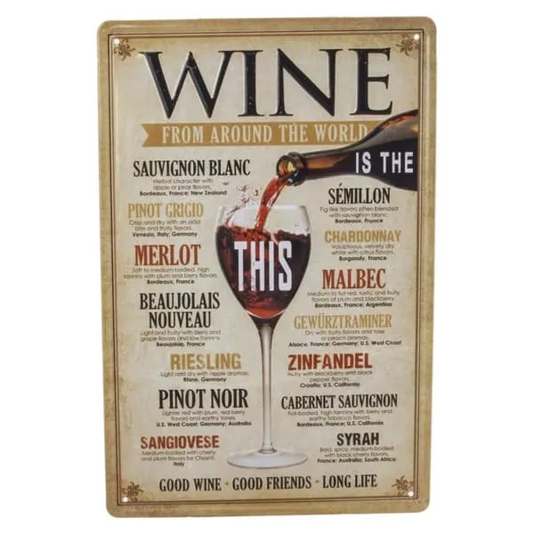 Metallskilt WINE - Druesorter Vin