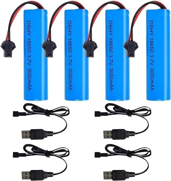 Yunique - Sett med 4 Li-ion-batterier 3.7V 3000mAh med USB-lader for RC-biler, kompatibel med DE45 DE42 1:14 Off-Road og Drift Racing modeller