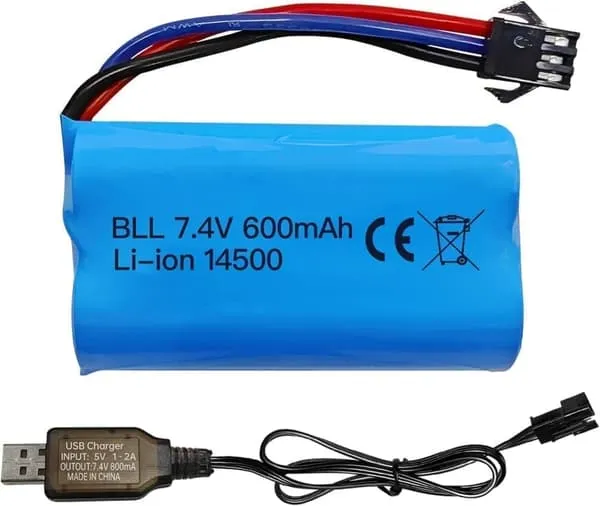 1 stk 7,4V 600mAh Li-ion Batteri + USB-lader SM-3P – Passer til RC Bil DE82, TK3086B, TK-3082B Tilbehør til Fjernstyrte Leker Batterier