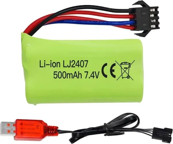 1 stk 7,4V 500mAh Litiumbatterier + USB-lader – Høy hastighet – Passer til EC16, DE85 RC Båt, Bil - Tilbehør til Fjernstyrte Leker Batterier