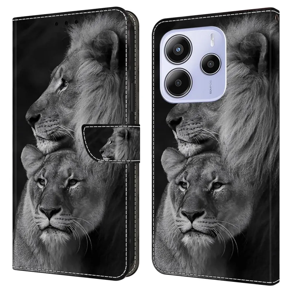 Xiaomi Redmi Note 14 5G Etui med magnetisk lås 3D-mønster Lær lommebok telefondeksel - Løvepar
