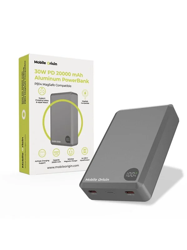 Mobile Origin 30W PD 20000mAh Aluminum PowerBank PB14 MagSafe Compatible Nødlader - Grey - 20000 mAh