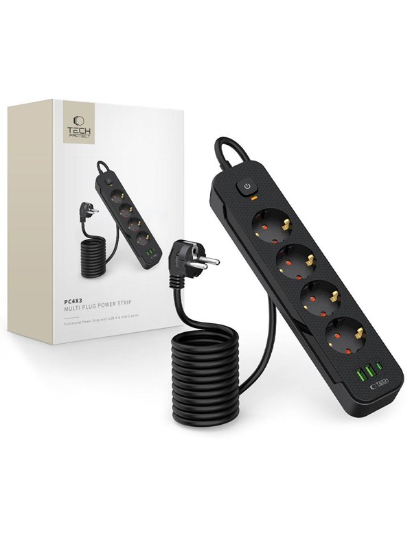 Tech-Protect PCL4X3 Power Strip 4 Sockets 240V + 2xUSB-A + 1xUSB-C 200 cm - Black