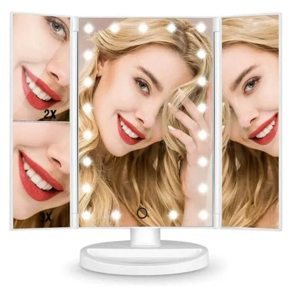 LED -sminke speil med belysning - Tri Fold Make Up Mirror White