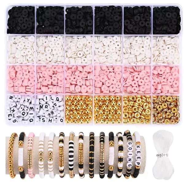 DIY Perlesett for Armbånd – Stilig Smykkesett i Svart, Hvit & Rosa