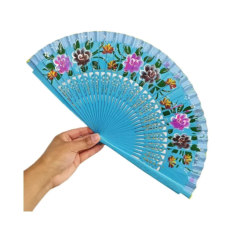Vifte - Håndmalt i tre - Spansk stil Blomster - Turkis