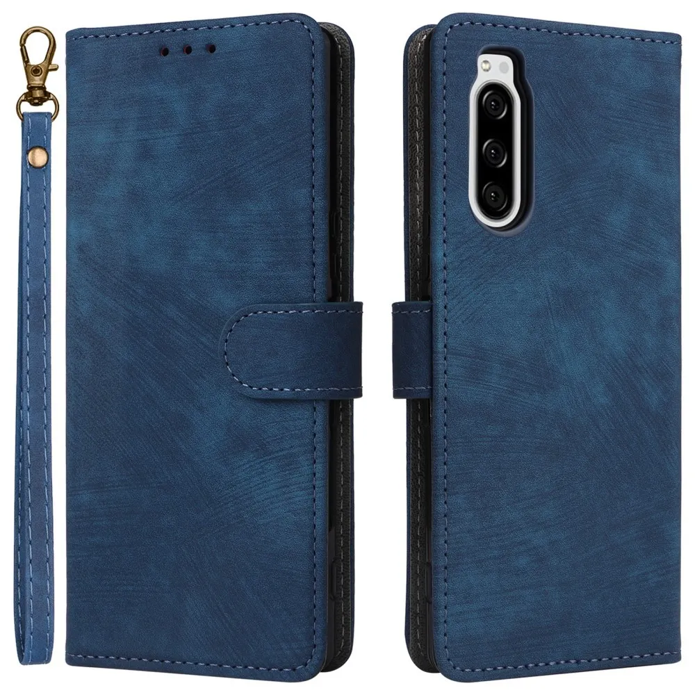 For Sony Xperia 5 lommebok mobiltelefonveske RFID-blokkerende PU skinn telefonstativdeksel - Blå