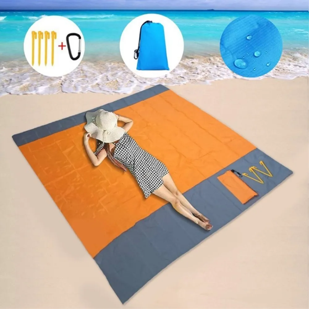 Stort strandteppe 210x200cm sandtett vanntett lett utendørs teppe oransje