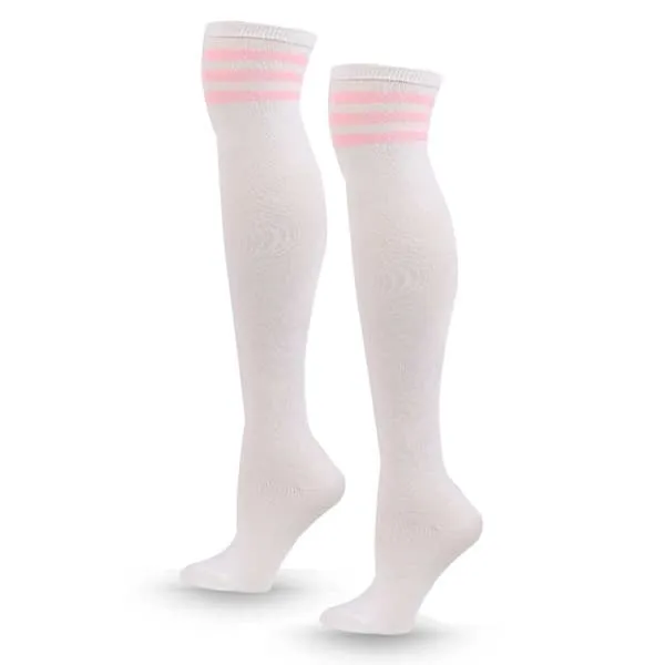 Stripete knesokker hvite rosa striper - høye sokker
