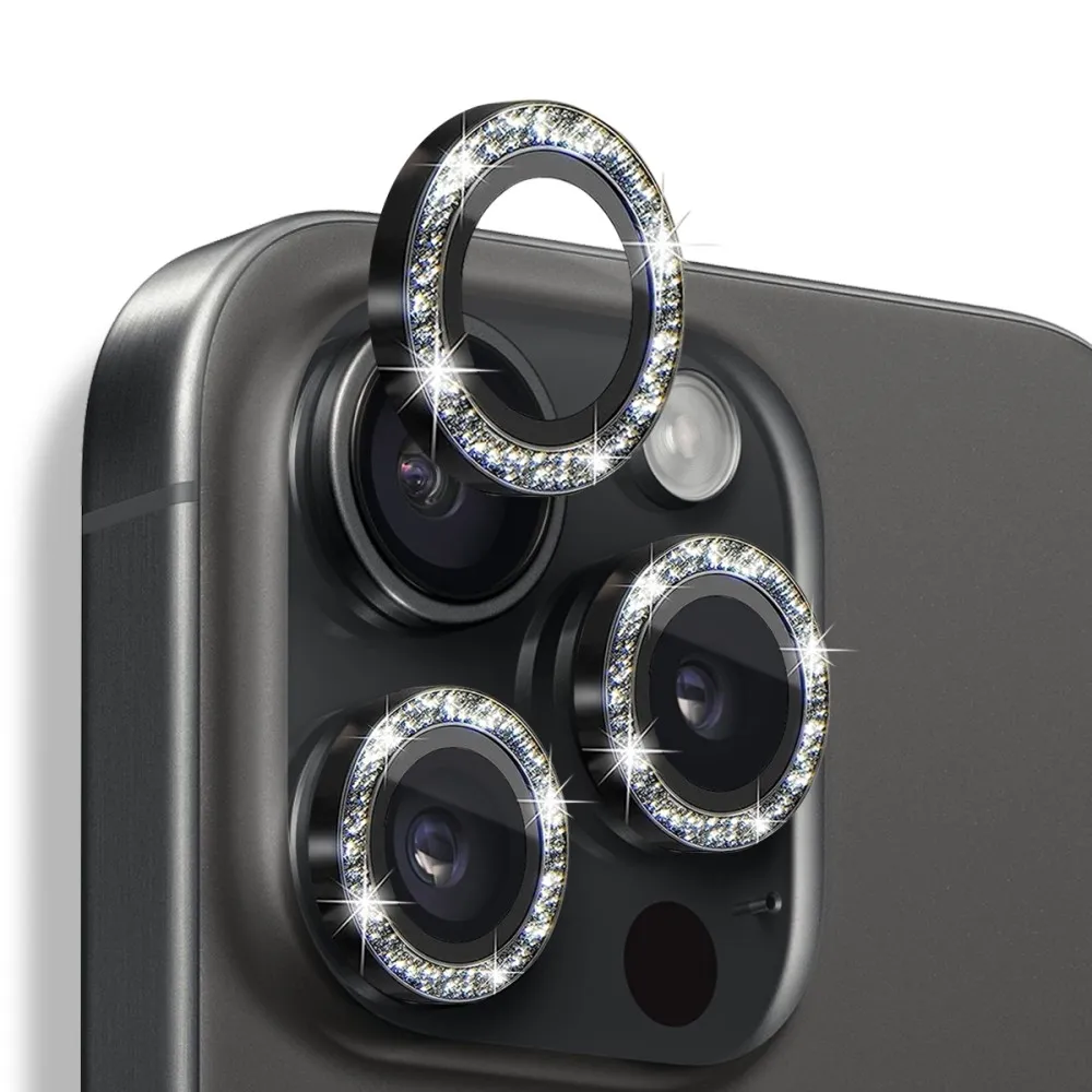 NORTHJO kameralinsedeksel med glitter for iPhone 16 Pro/16 Pro Max, herdet glass og metall - svart
