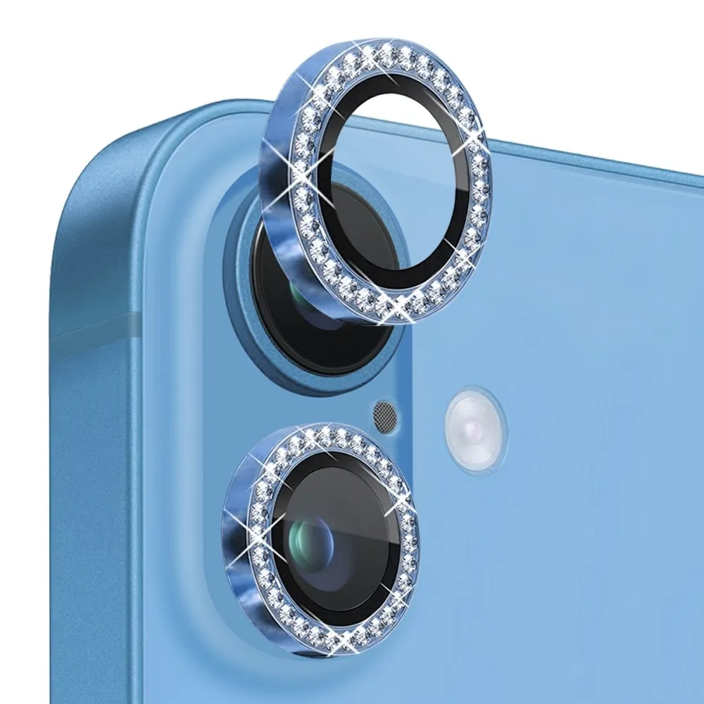 NORTHJO kameralinsedeksel med rhinestone til iPhone 16/16 Plus, herdet glass - blå