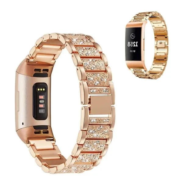 Fitbit Charge 4 / 3 klokkerem i rustfritt stål med rhinestone - Rose Gull