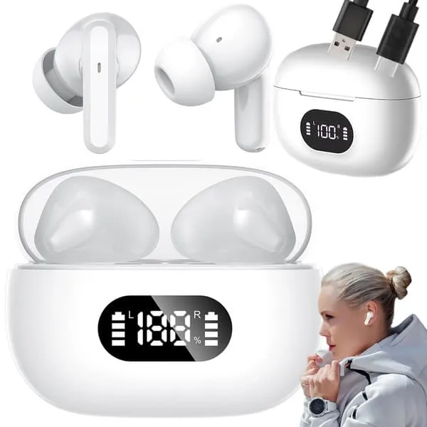 Trådløse Bluetooth-hodetelefoner med in-ear-funksjon, LED-ladeetui og mikrofon - Hvit