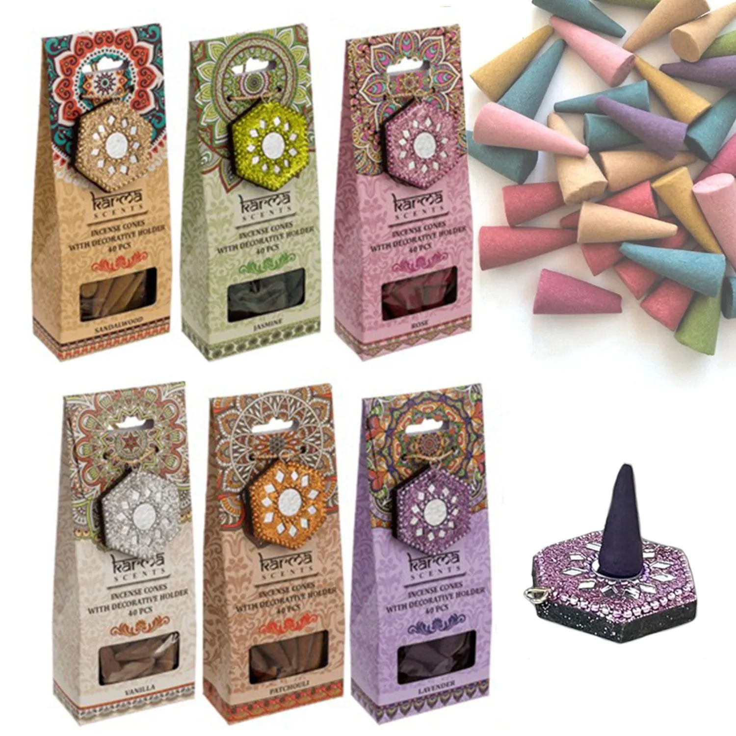 Røkelseskjegler med holder - 40-pak - Patchouli