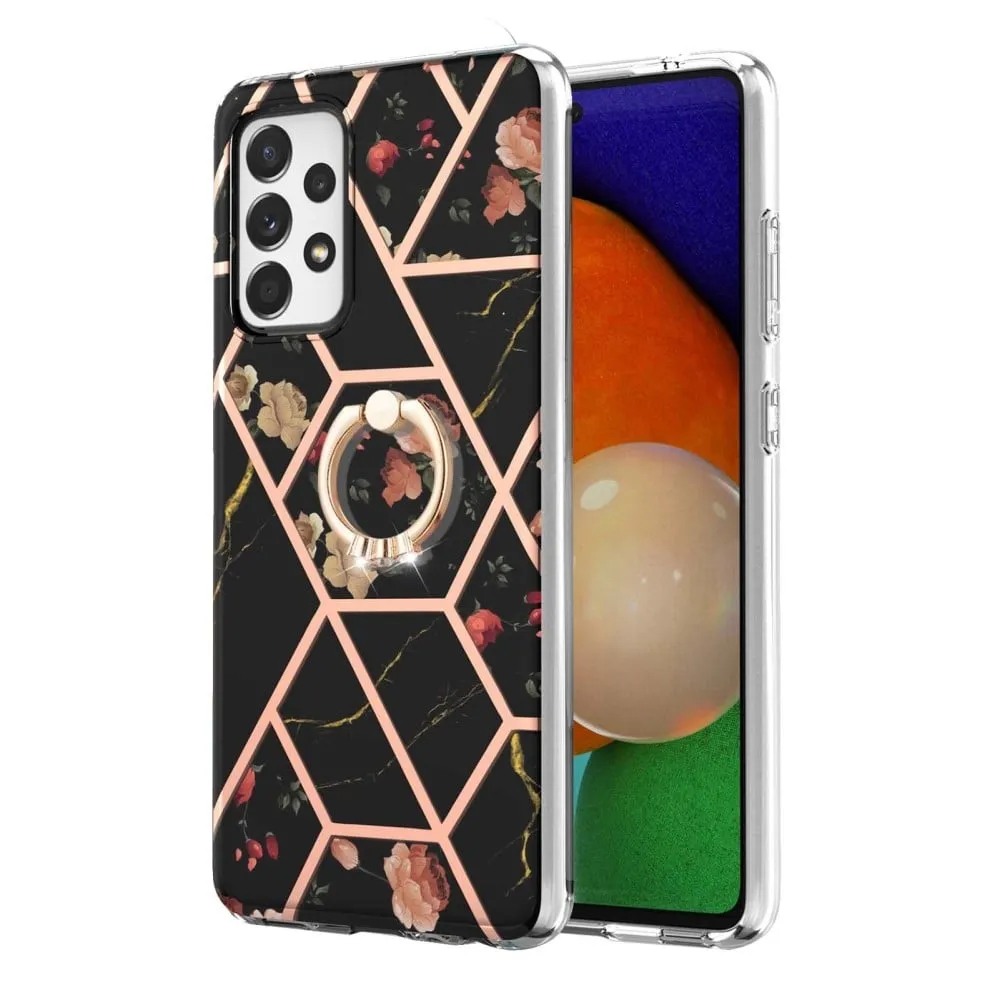 Marble Mønstret Deksel med Ring Holder til Samsung Galaxy A33 5G - Svarte Blomster