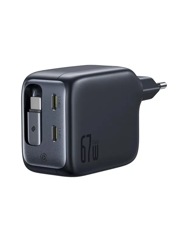 Baseus EnerCore CJ11 67W Wall Charger with Two USB-C Ports and Retractable USB-C Cable - Black