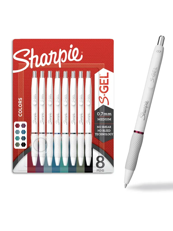 Sharpie S-Gel | Gel Pens for Writing | Medium Point (0.7mm) | Assorted Ink Colours | White Pearl Barrels | 8 Count