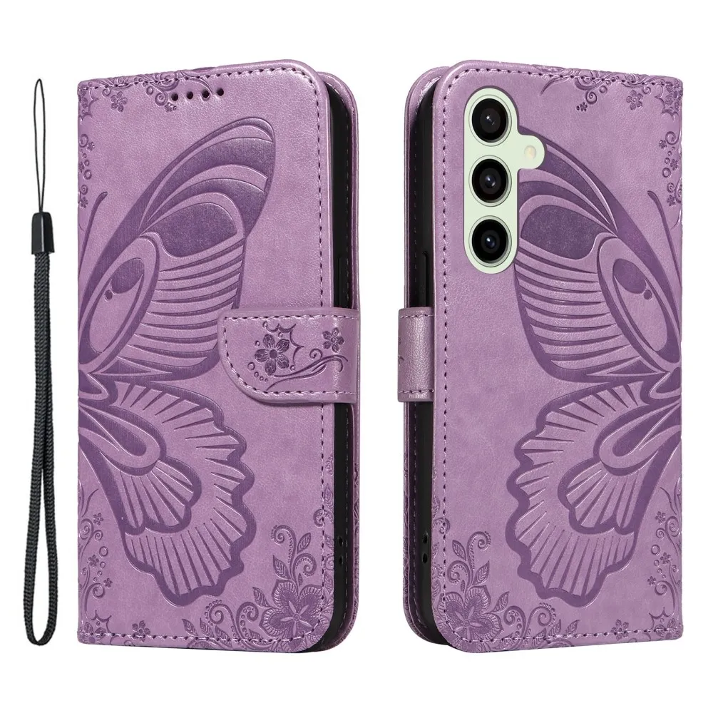 Til Samsung Galaxy S24 FE Deksel Stativ Lommebok - deksel Sommerfuglemønster - Lilla