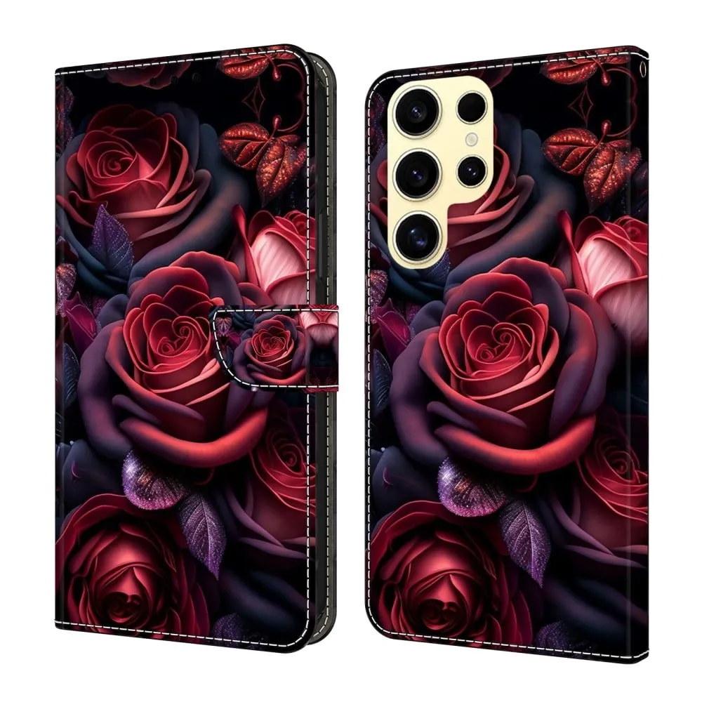 Samsung Galaxy S25 Ultra lommebokveske med mønstermønster Stativ flip-telefondeksel i lær - Svart Rose