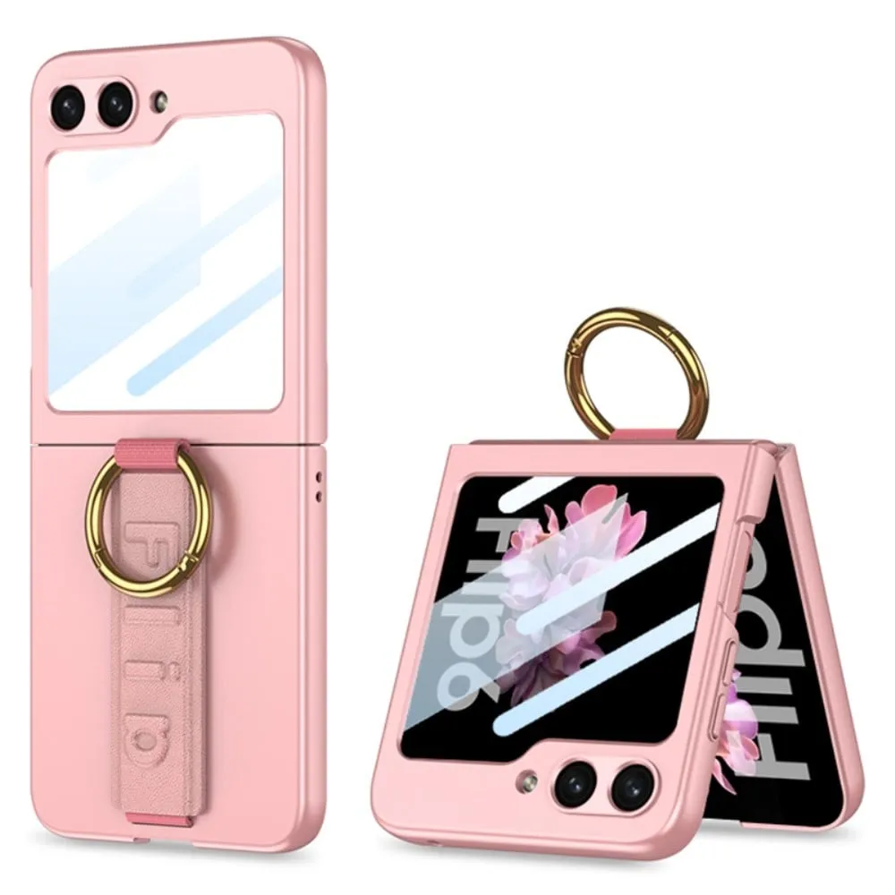 GKK For Samsung Galaxy Z Flip6 5G Etui Ringholder Håndrem PC-telefondeksel med bakre skjermfilm - Rosa