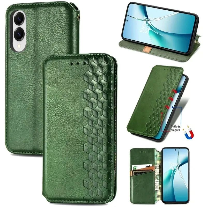 Samsung Galaxy S25 Edge Etui Rhombus Imprint Vegansk lær lommebok telefondeksel - Grønn