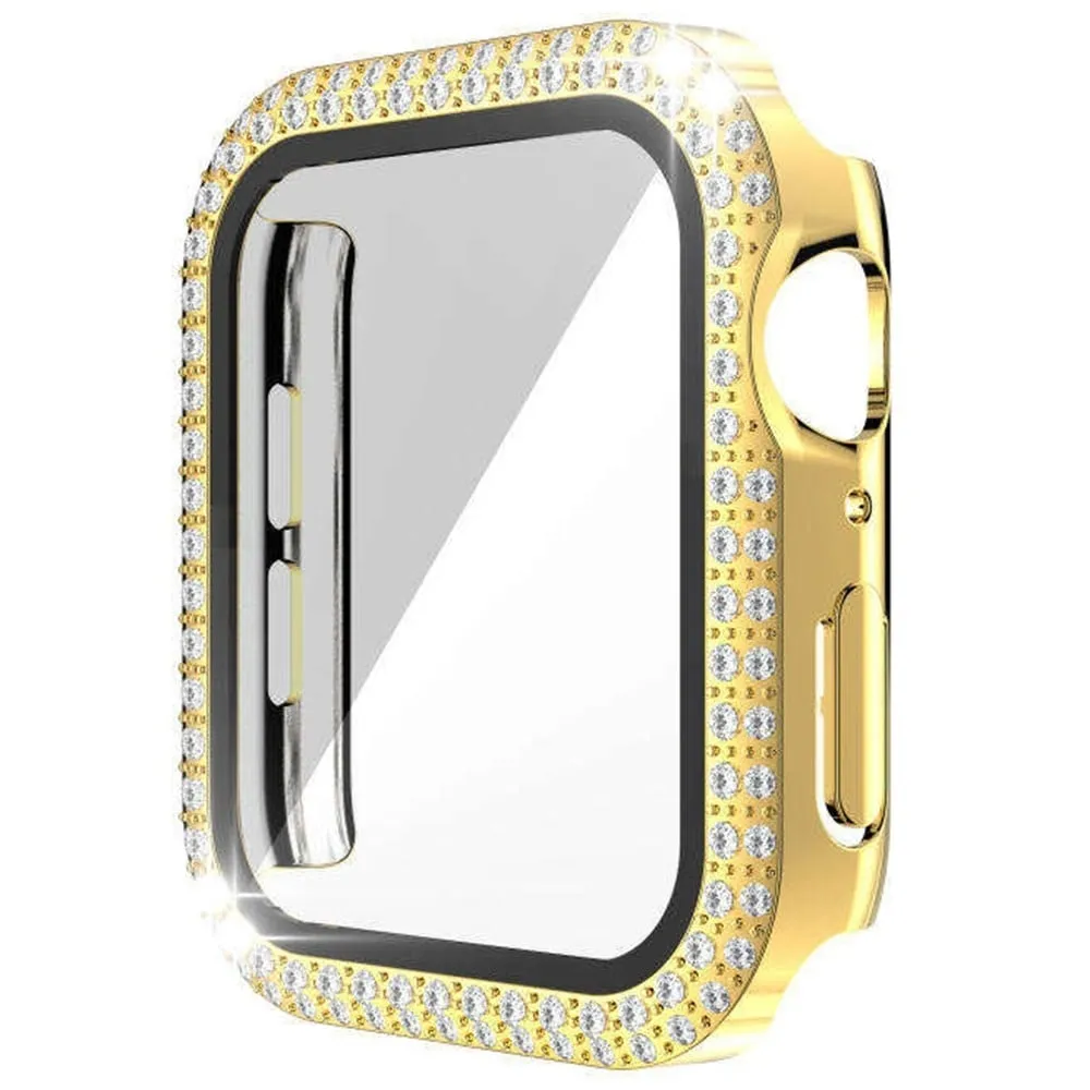 Apple Watch Series 9 8 7 45 mm klokkeveske Rhinestone Galvaniseringsklokkedeksel med herdet glassfilm - Gull