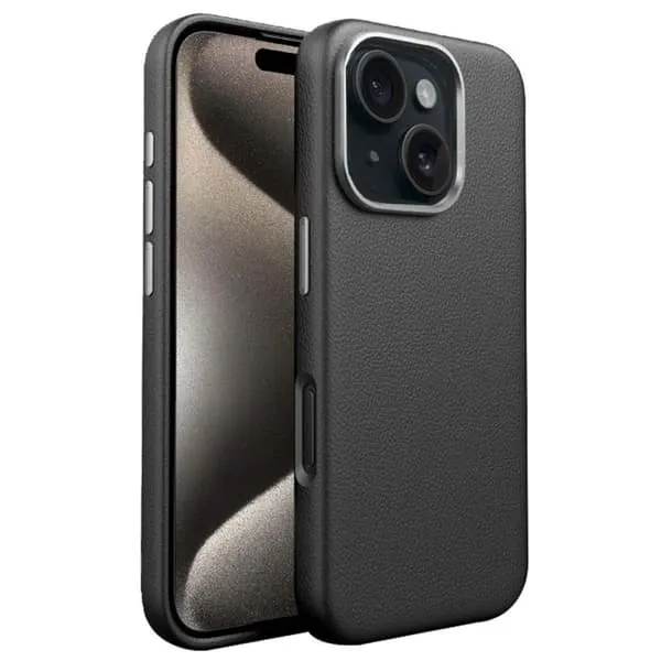 Tynt TPU-deksel med lærfinish til iPhone 15 – Svart