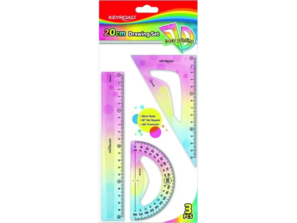 Keyroad geometrisett KEYROAD, pastell, med linjal 20 cm, 3 stk, hengelapp, miks farger
