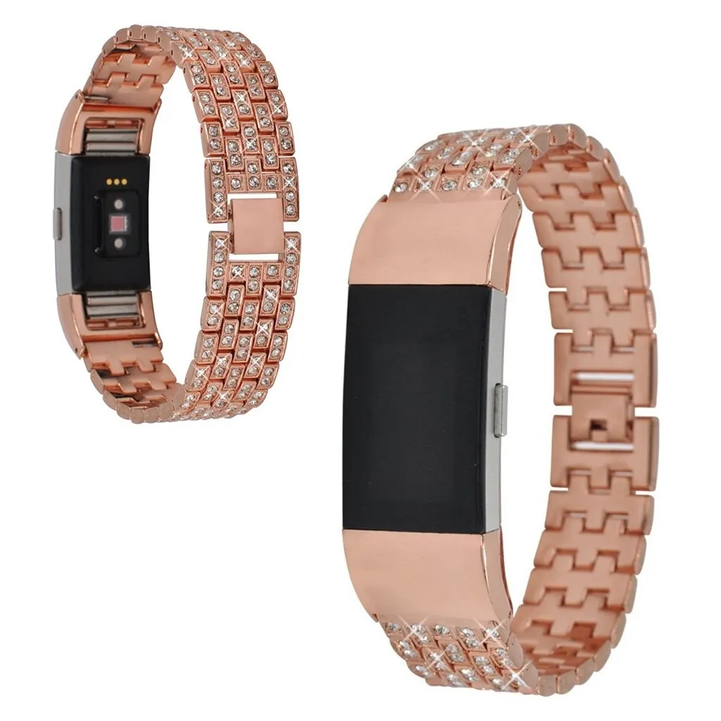 Urarmbånd med rhinestone-dekor til Fitbit Charge 2 - Rose Gull