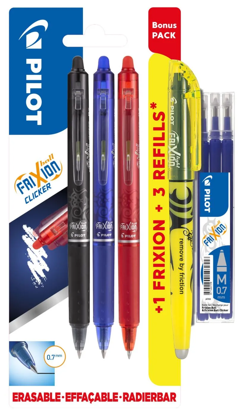 Pilot FriXion Clicker 0,7 mm bonuspakke med 3 stk. assorterte farger - inkl. merkepenn og 3 refiller