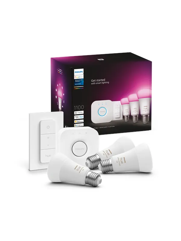 Philips Hue White & Color Ambiance Starter Kit - 3x E27 A60-pærer + dimmerbryter + Hue Bridge