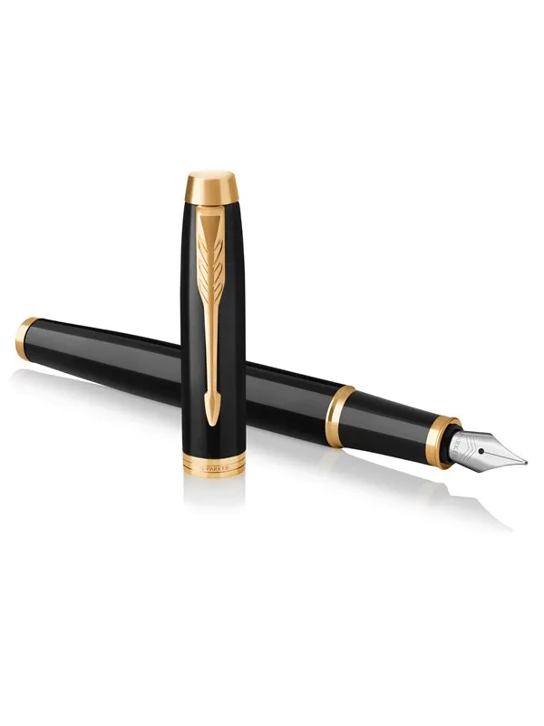 Parker IM Fountain Pen | Black Lacquer with Gold Trim | Medium Nib with Blue Ink Refill | Gift Box