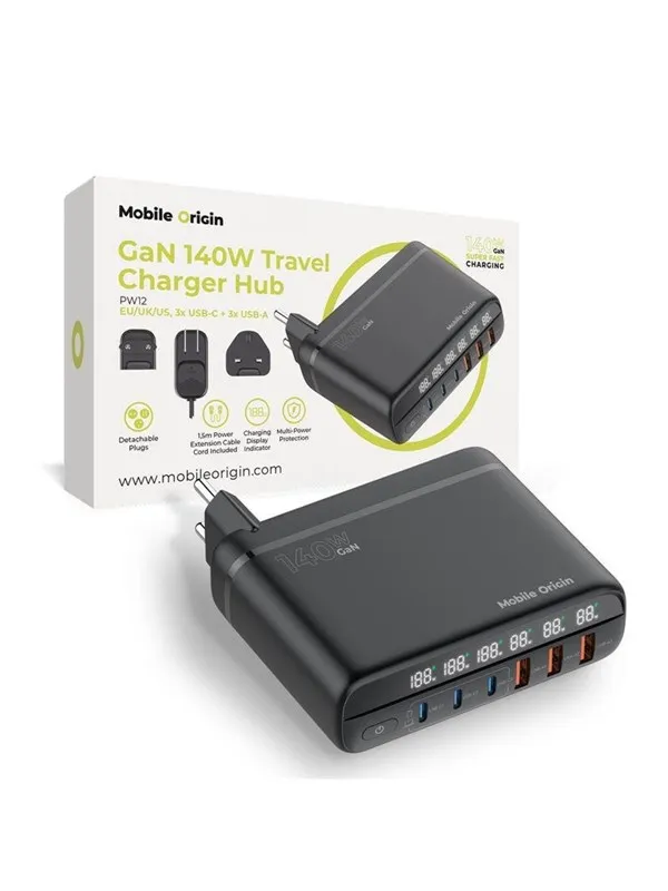 Mobile Origin GaN 140W Travel Charger Hub PW12 EU/UK/US - 3x USB-C + 3x USB-A